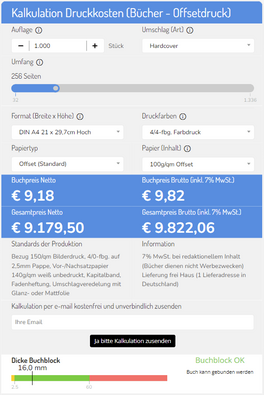 Kalkulator zur Berechnung der Kosten für Buchdruck