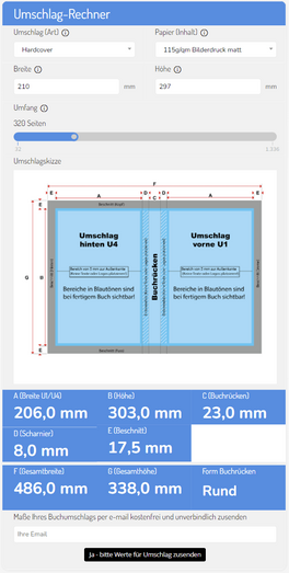 Kalkulator zur Berechnung der Maße für Buchumschlag