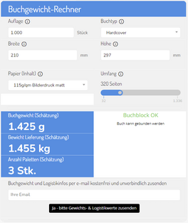 Kalkulator zur Berechnung des Buchgewichtes